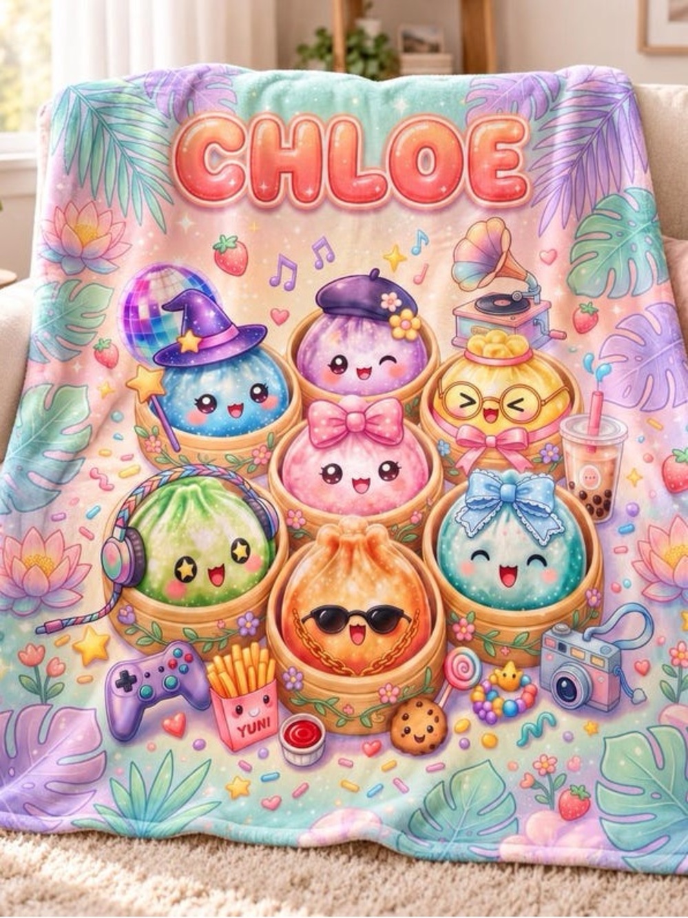 Personalized Chloe Plush Throw Blanket - Pastel Rainbow Cute Characters
